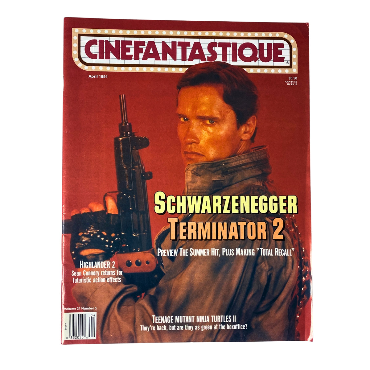 Cover of Cinefantastique Magazine, April 1991 featuring Arnold Schwarzenegger for Terminator 2. Highlights topics like Highlander 2, Teenage Mutant Ninja Turtles II, and Total Recall.