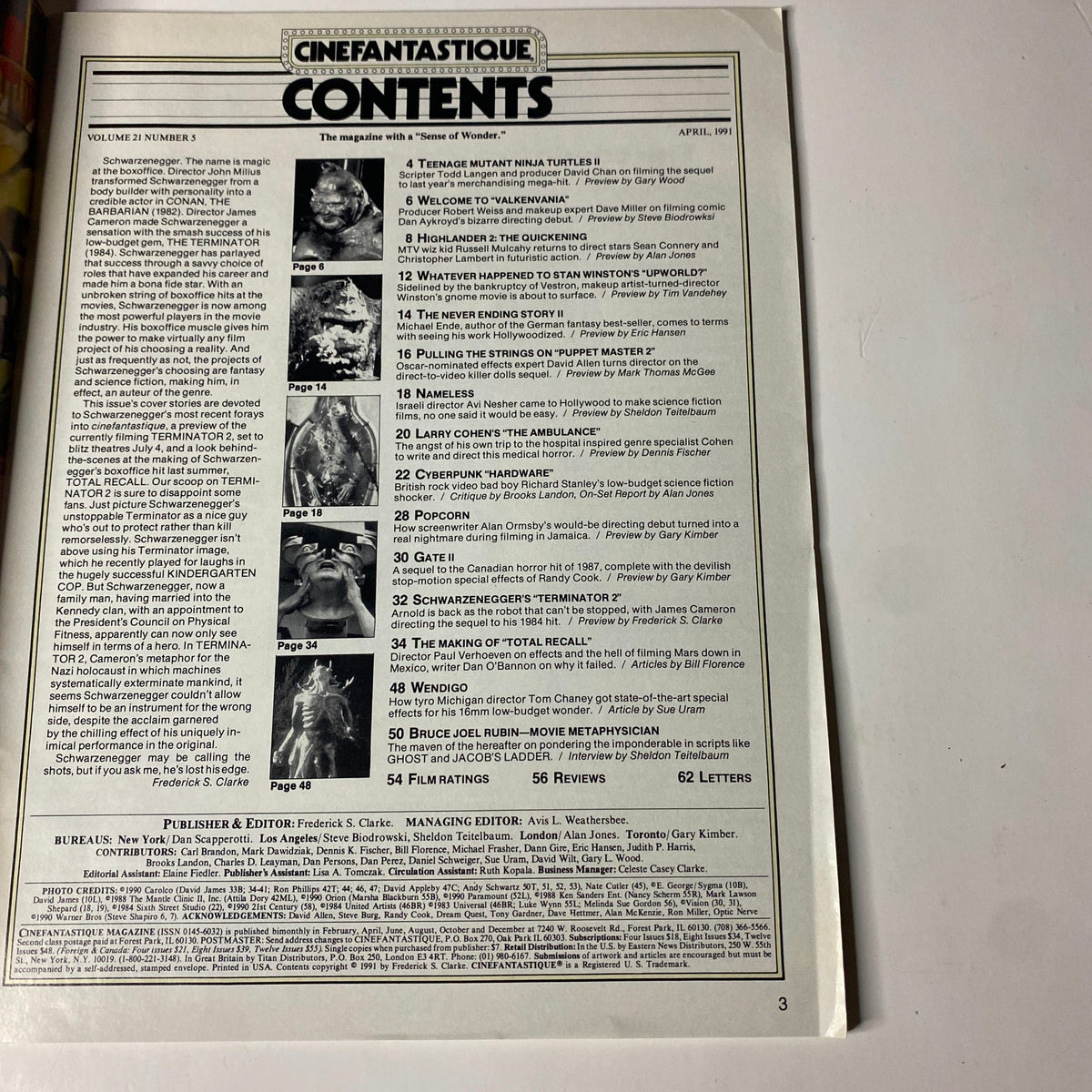 Contents page of Cinefantastique Magazine, April 1991, listing articles including Terminator 2, Teenage Mutant Ninja Turtles II, and an exploration of Total Recall.