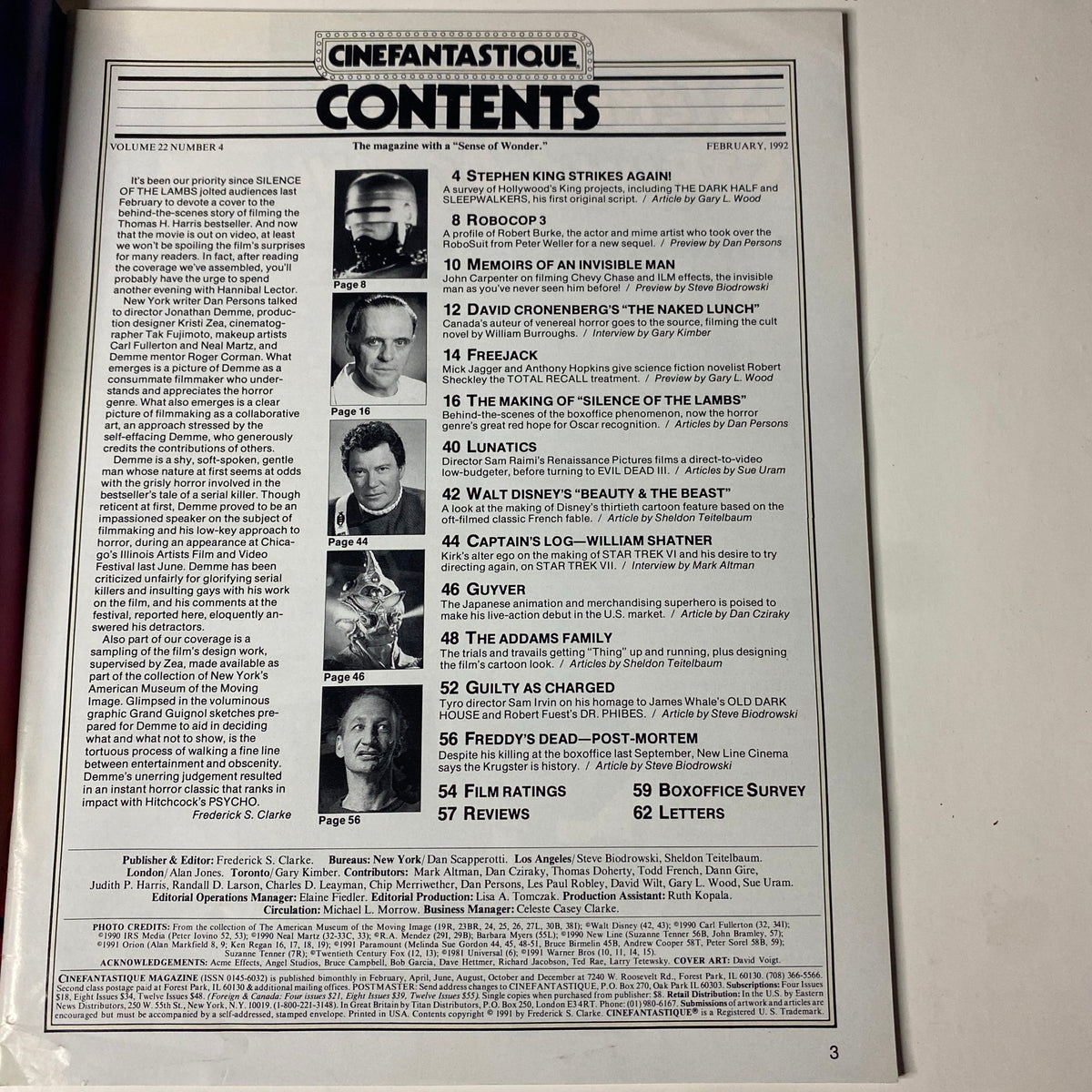 Contents page of Cinefantastique Magazine, February 1992, listing articles including The Making of Silence of the Lambs, RoboCop 3, and other notable features.