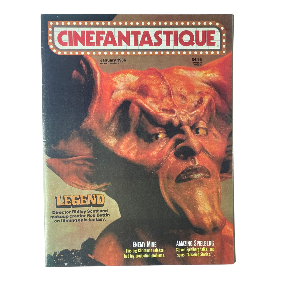 Cinefantastique Magazine January 1986 cover featuring Ridley Scott’s film Legend, showcasing a striking image of a fantastical creature. This near mint copy is ideal for collectors and enthusiasts of fantasy cinema.