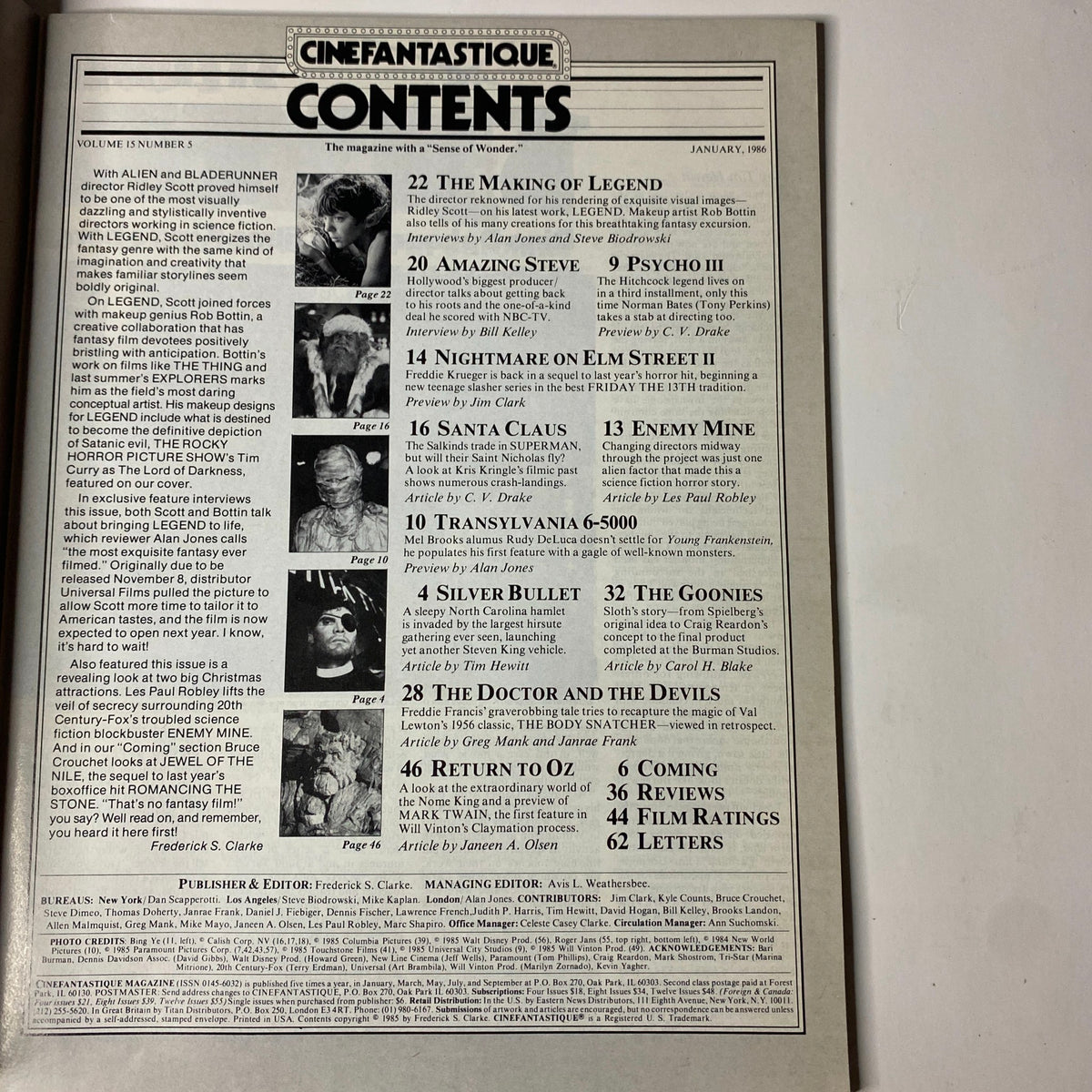 Cinefantastique Magazine January 1986 contents page listing features such as interviews with Ridley Scott and Rob Bottin, previews of Nightmare on Elm Street II and other films. A valuable resource for fans of film history.