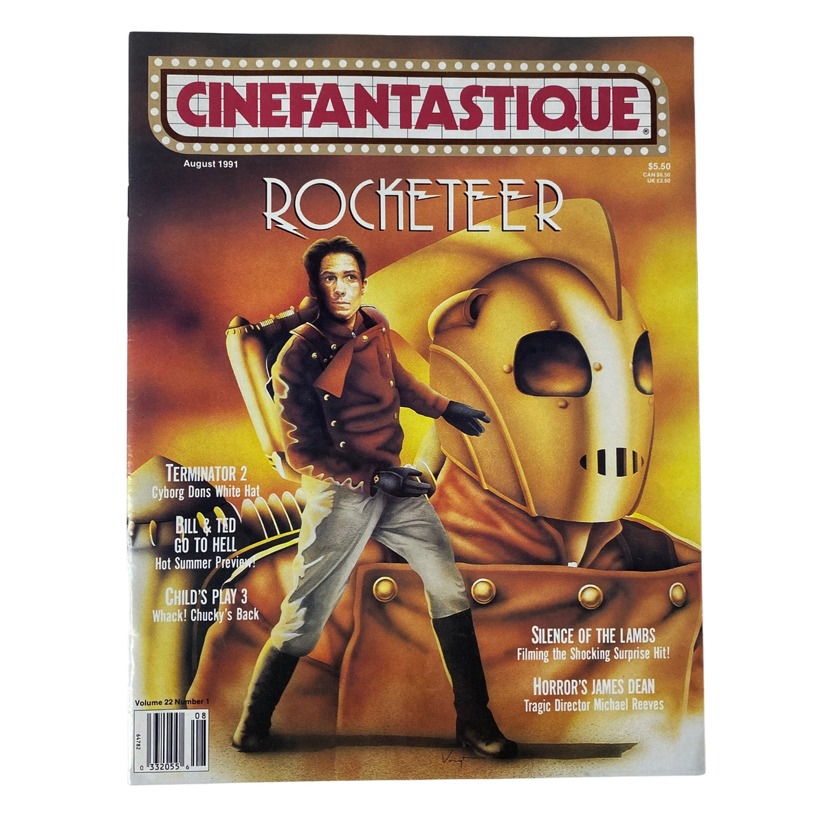 Cinefantastique Magazine August 1991 featuring The Rocketeer on the cover, showcasing a character in a retro costume against a stylized background. This issue highlights various films, including Terminator 2 and Child's Play 3.