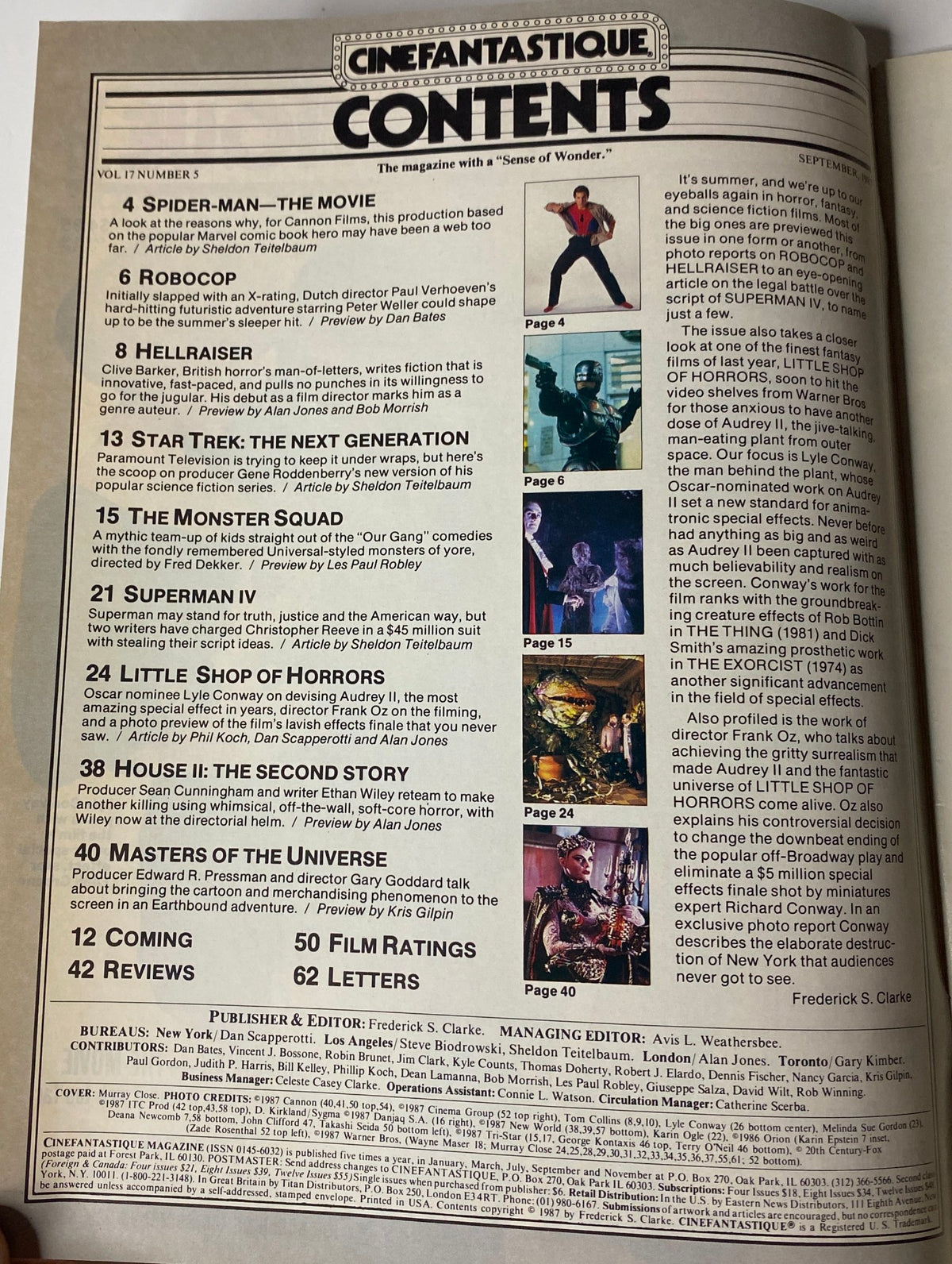 Cinefantastique Magazine September 1987 Table of Contents showcasing featured articles including Spider-Man, RoboCop, and Little Shop of Horrors.
