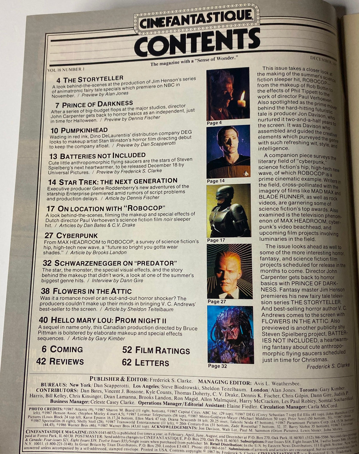 Contents page of Cinefantastique Magazine December 1987, listing articles about RoboCop and other films including Prince of Darkness, Pumpkinhead, and Star Trek: The Next Generation.