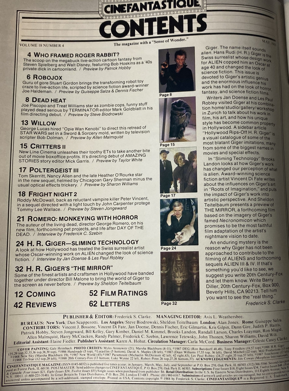 Cinefantastique Magazine May 1988 contents page featuring articles on H.R. Giger's work in Alien, behind-the-scenes of Who Framed Roger Rabbit?, RoboJox, and more, showcasing film previews and reviews.