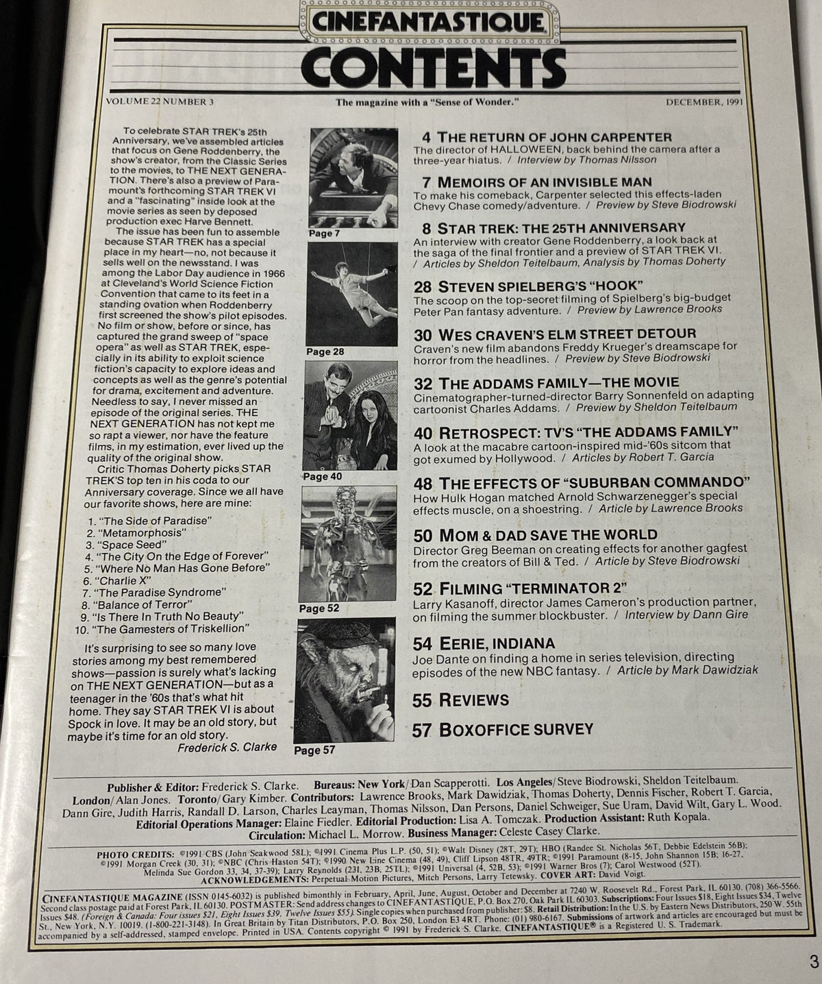 Contents page of Cinefantastique Magazine December 1991, detailing features including an interview with John Carpenter and retrospectives on Star Trek and The Addams Family.