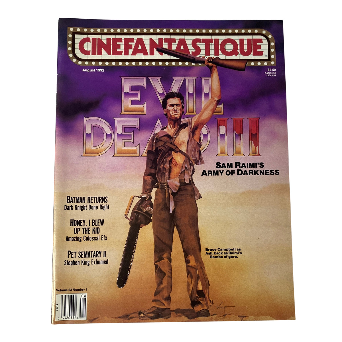Cinefantastique Magazine August 1992 cover featuring Evil Dead III: Army of Darkness by Sam Raimi, showcasing Bruce Campbell with a chainsaw, highlighting the horror-comedy genre.