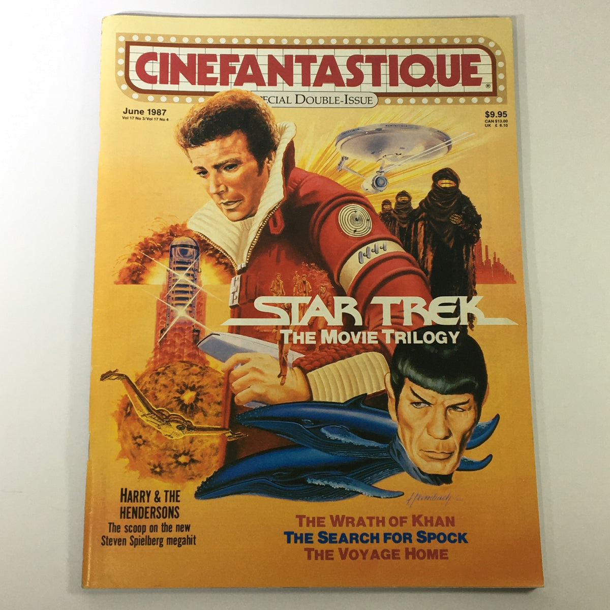 Cover of Cinefantastique June 1987 Vol 17 #3 & #4 featuring Harry & The Hendersons and Leonard Nimoy, showcasing vibrant illustrations related to Star Trek and 1980s sci-fi cinema.