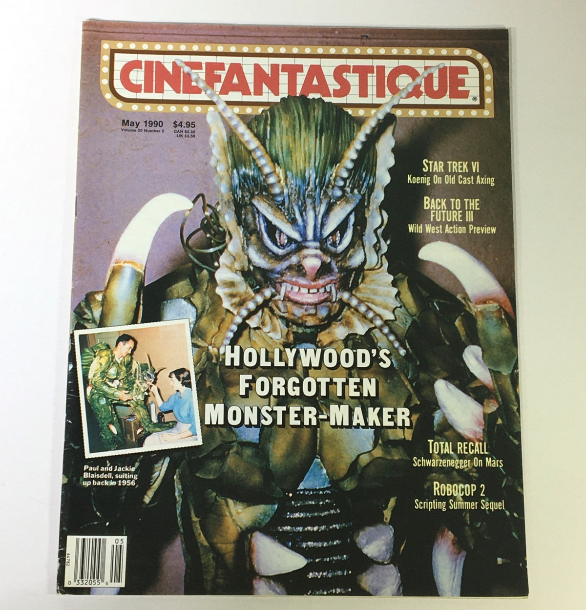 Magazine cover of Cinefantastique May 1990 Vol 20 #5 featuring an illustration of a monster, emphasizing Hollywood's forgotten creature effects and highlighting articles on Paul & Jackie Blaisdell and A. Schwarzenegger.