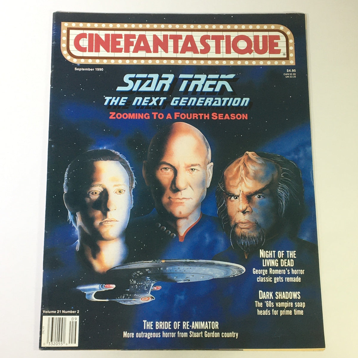 Cinefantastique September 1990, Volume 21 Number 2 featuring Patrick Stewart and Stuart Gordon on the cover, showcasing articles on Star Trek: The Next Generation, Night of the Living Dead, and Dark Shadows, with bold graphics and imagery from popular culture.