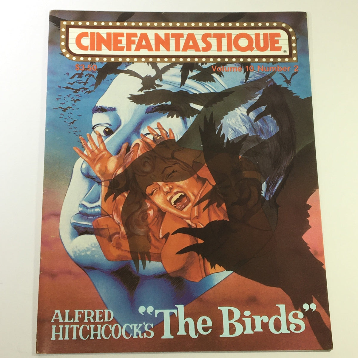 Cinefantastique Fall 1980 Volume 10 Number 2 featuring Alfred Hitchcock's 'The Birds' cover illustration. This vintage magazine showcases dramatic imagery related to Hitchcock's film, highlighting the iconic themes and emotions associated with the movie.