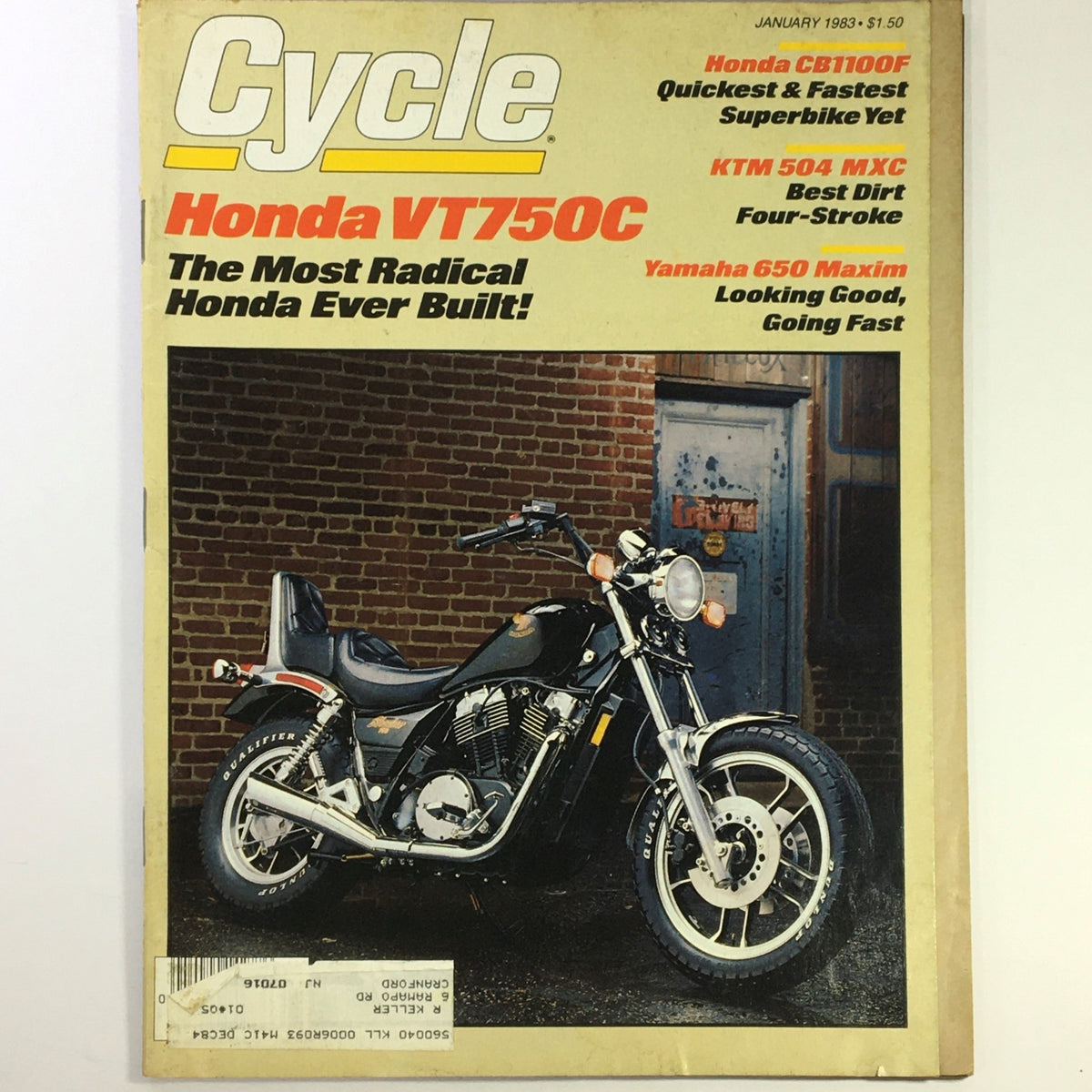 Cycle Magazine January 1983 cover featuring Honda VT750C motorcycle, showcasing vintage motorcycle culture with details about Honda CB1100F and KTM 504 MXC.