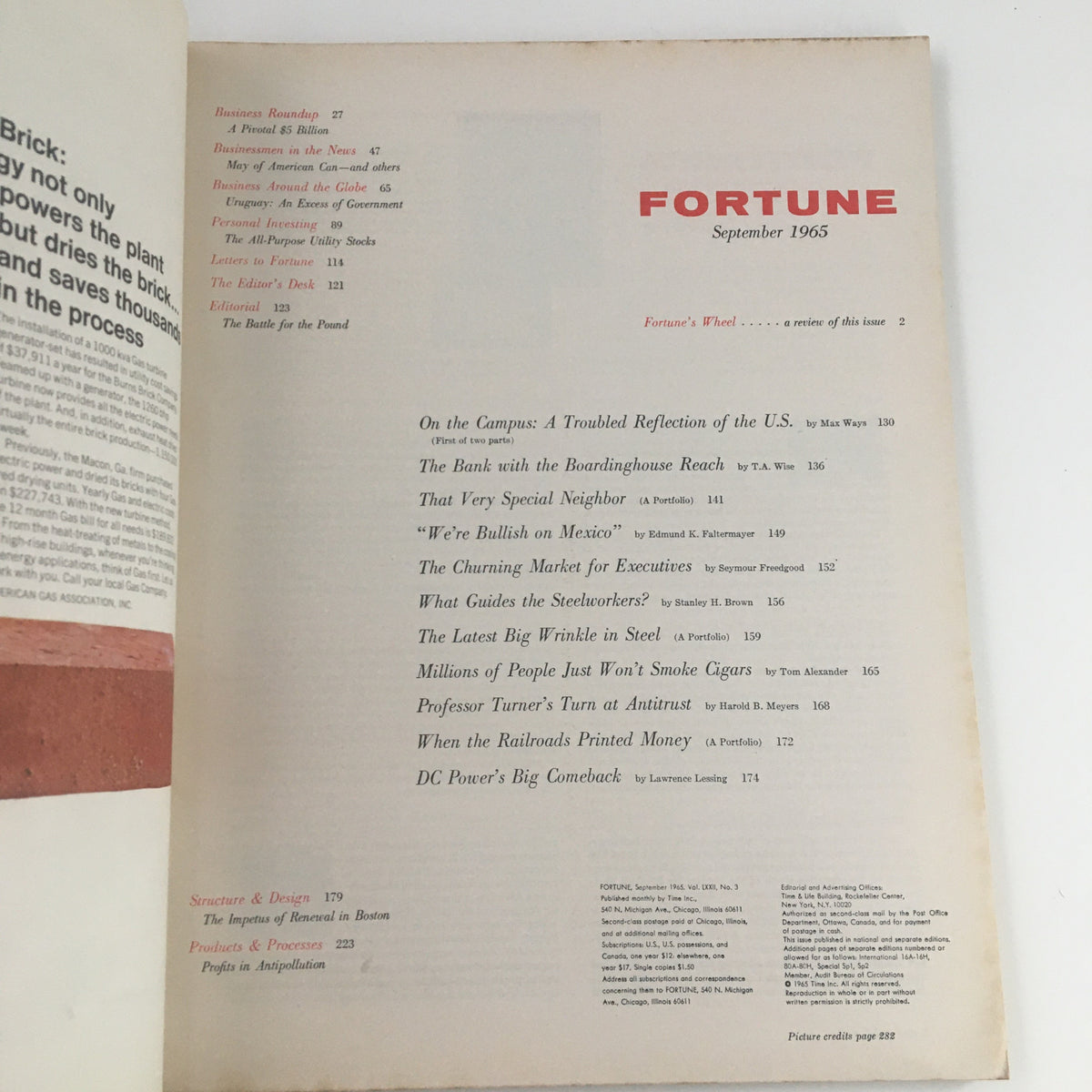 Inside page of Fortune Magazine September 1965 with table of contents listing key articles.