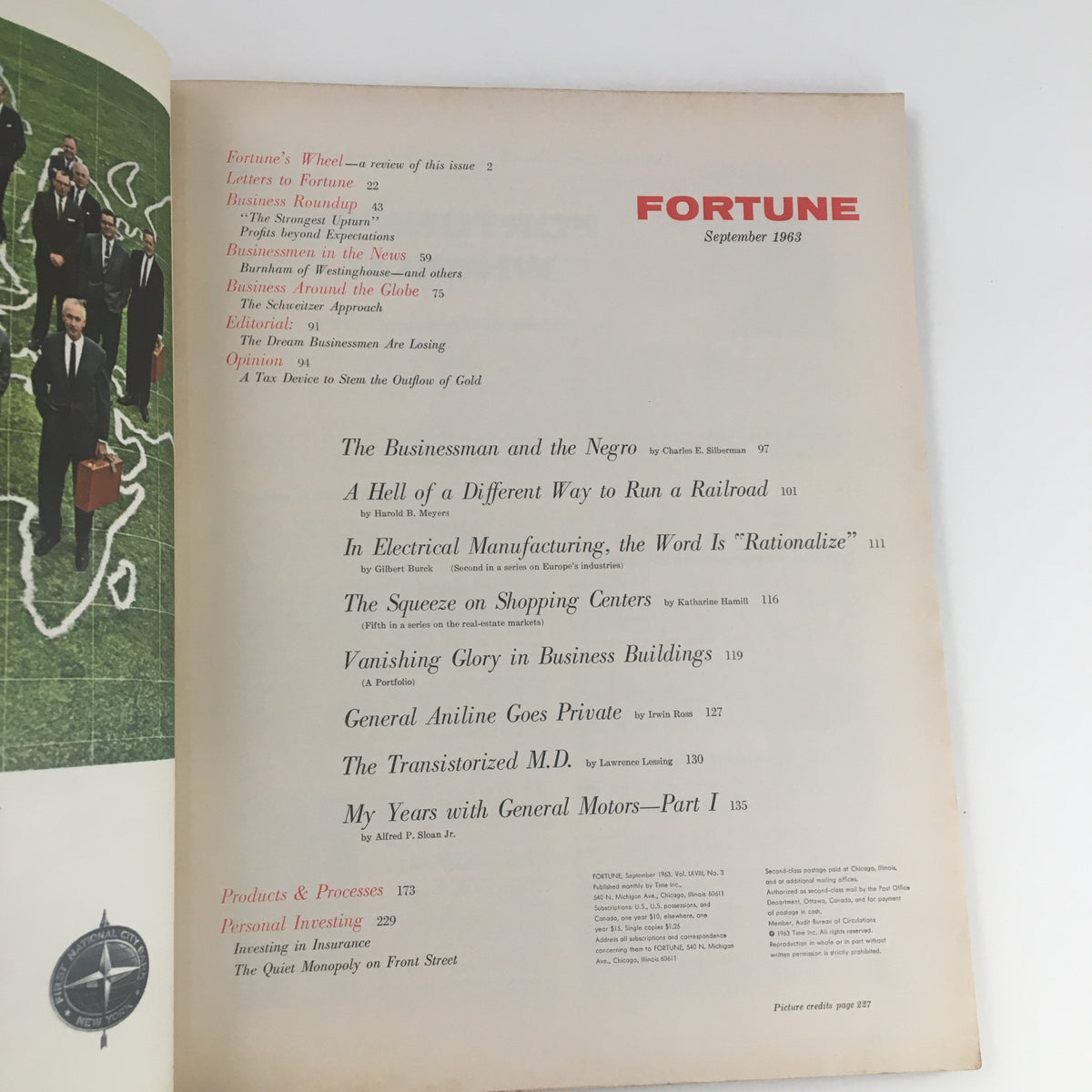 Inside page of Fortune Magazine September 1963 listing contents including 'My Years with General Motors' by Alfred P. Sloan Jr.