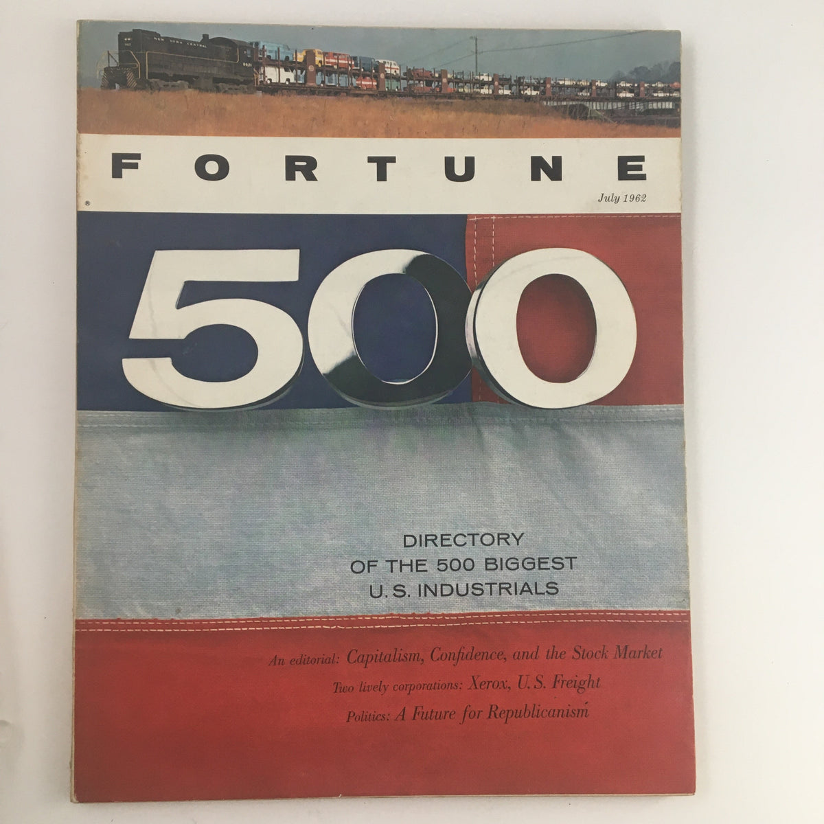 Cover of Fortune Magazine July 1962 featuring the title 'Fortune 500' with bold graphics, discussing capitalism, confidence, and the stock market.