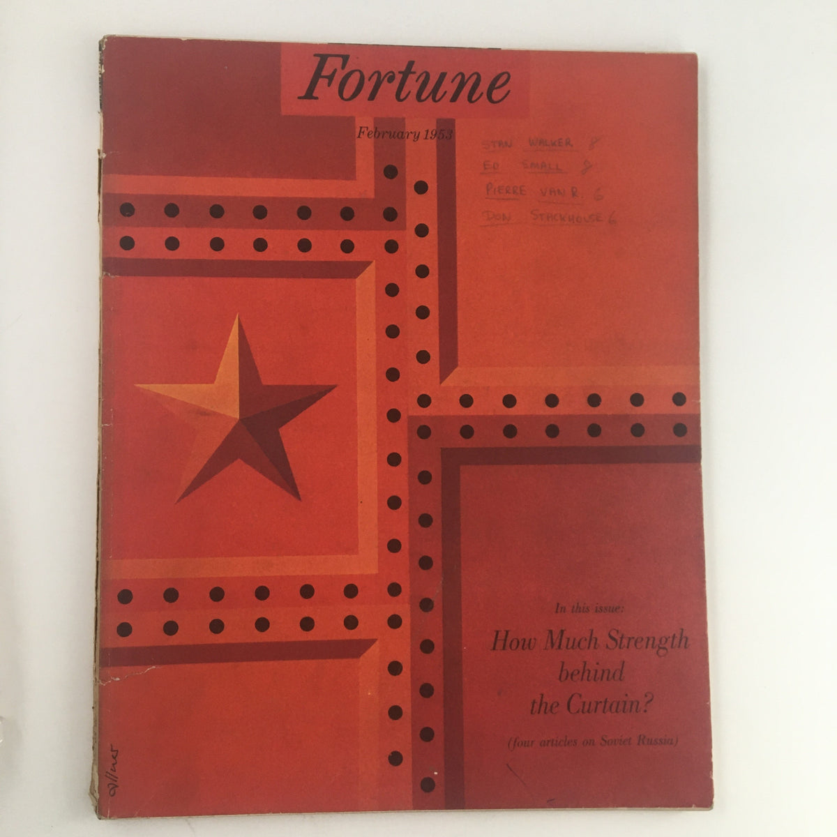 Cover of Fortune Magazine, February 1953, featuring the headline 'How Much Strength Behind the Curtain?' showcasing a red and orange graphic design with a star motif.