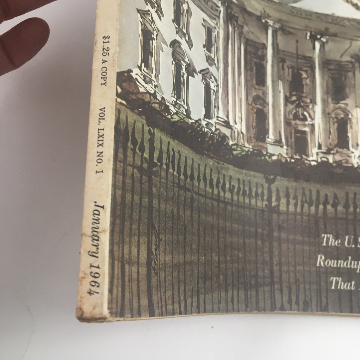 Side view of Fortune Magazine January 1964 displaying the issue's volume and issue number along with the publication date.