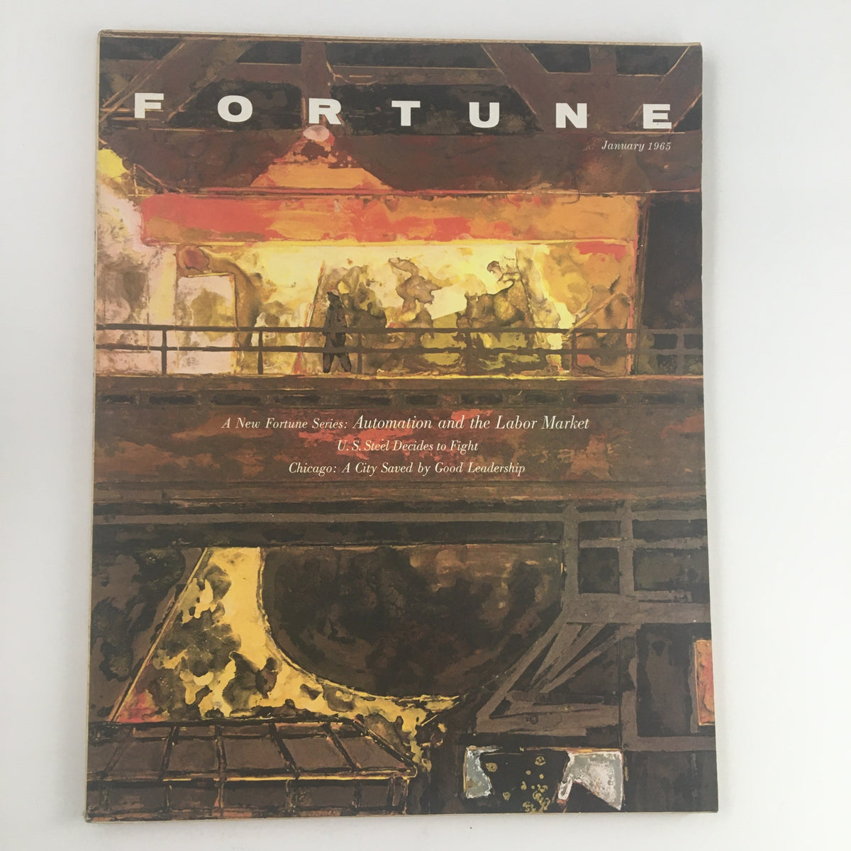 Fortune Magazine January 1965 cover featuring the theme of Automation and the Labor Market, with an artistic depiction relevant to technological advancements.