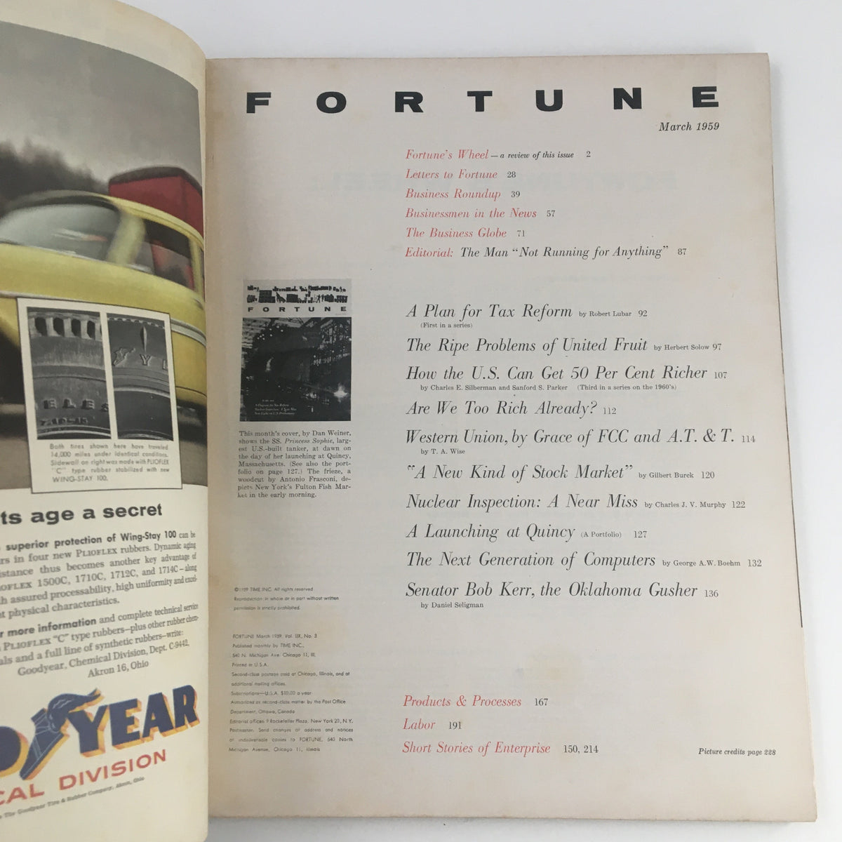 Interior page of Fortune Magazine March 1959 featuring article titles such as "Nuclear Inspection: A Near Miss". A valuable resource for history enthusiasts and vintage magazine collectors.