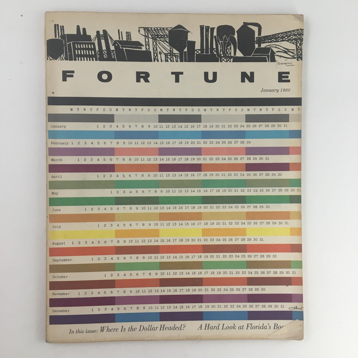Fortune Magazine January 1960 cover showcasing the title and a calendar layout for the year, featuring the cover story 'Where is the Dollar Headed?'. Vintage magazine cover image.