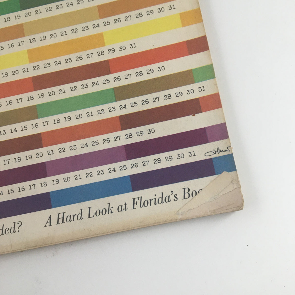 Close-up of the Fortune Magazine January 1960 issue, highlighting a section of the calendar and text discussing the cover story 'Where is the Dollar Headed?'. Details of minor wear visible.