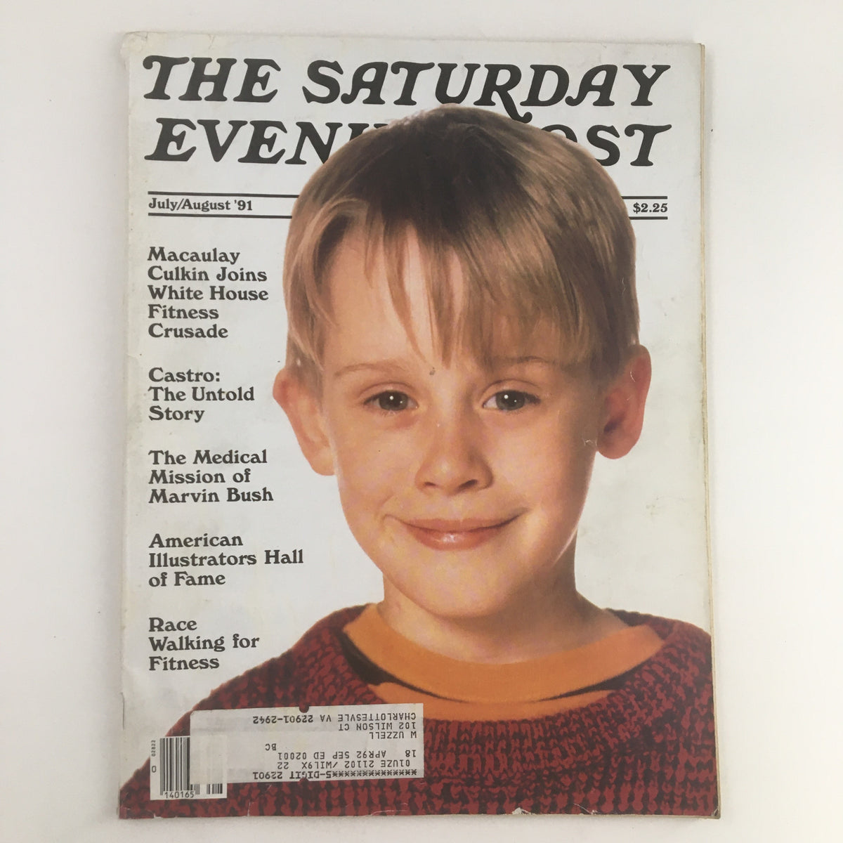 Cover of The Saturday Evening Post, July 1991 edition featuring Macaulay Culkin, highlighting his involvement in the White House Fitness Crusade. The cover displays a smiling young Culkin, along with additional articles listed, encapsulating nostalgia and cultural significance from the early 90s.