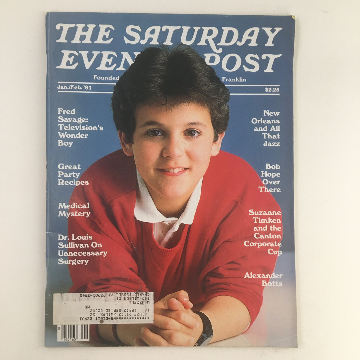 Cover of The Saturday Evening Post, January 1991, featuring Fred Savage, known as Television's Wonder Boy, with articles on party recipes, medical mysteries, and more.