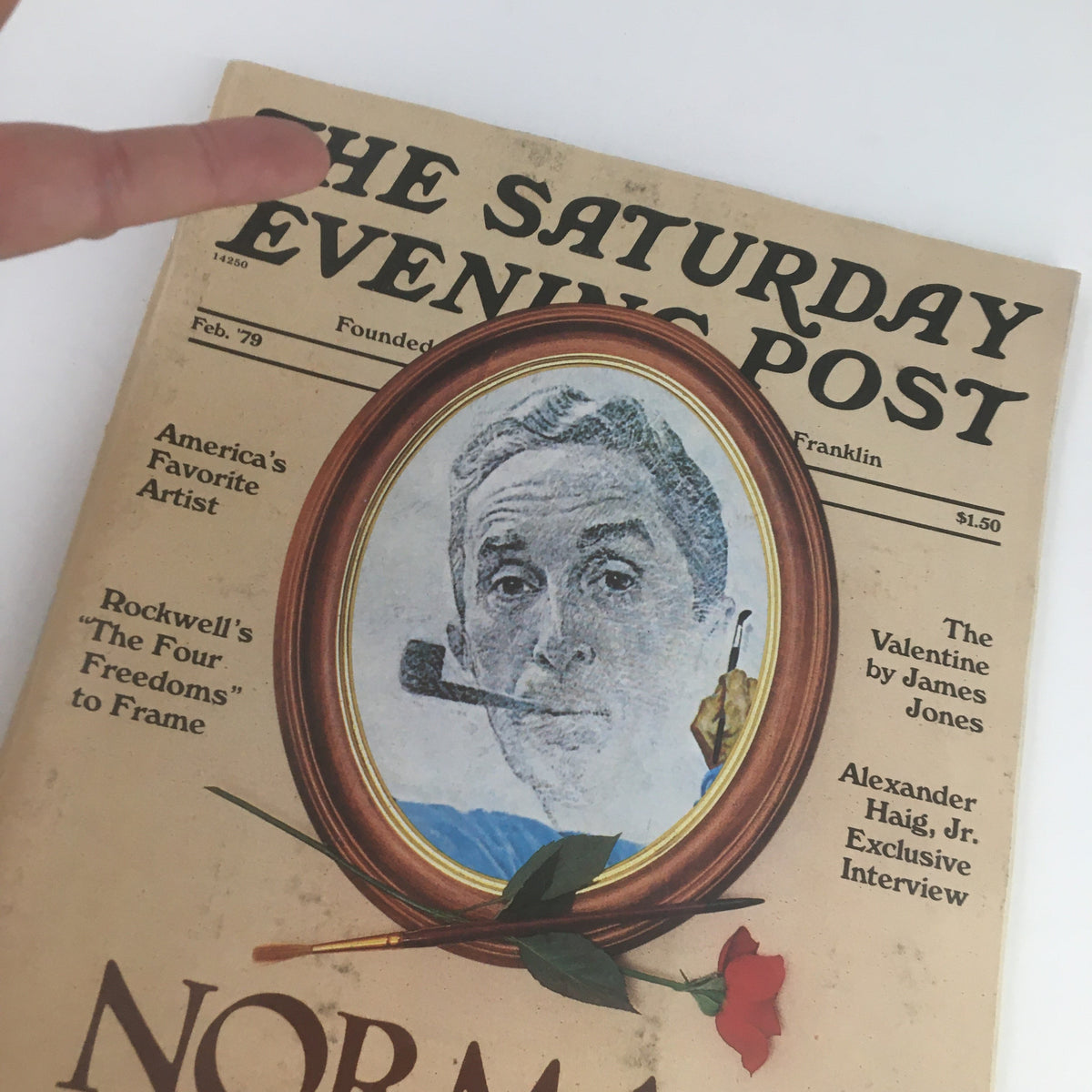 Close-up of The Saturday Evening Post February 1979 cover depicting Norman Rockwell's artwork, Loving Memory, highlighting details like the artist's portraits and magazine titles.