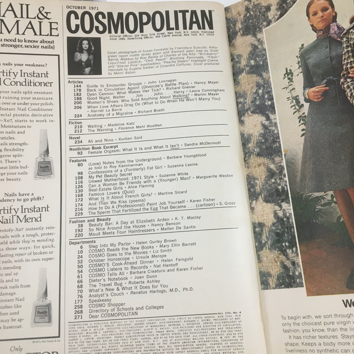 Interior page of Cosmopolitan Magazine October 1971 featuring the table of contents and articles list, showcasing a vintage design and classic typography, highlighting features related to fashion, beauty, and women's empowerment, as found in the Susan Forrestal cover issue.