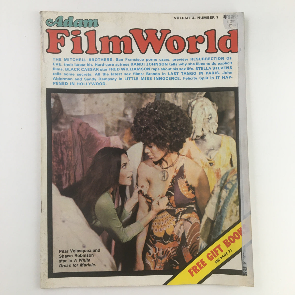 Adam Film World Magazine August 1973 featuring Pilar Velasquez and Shawn Robinson on the cover, showcasing a vintage design and cinematic theme.
