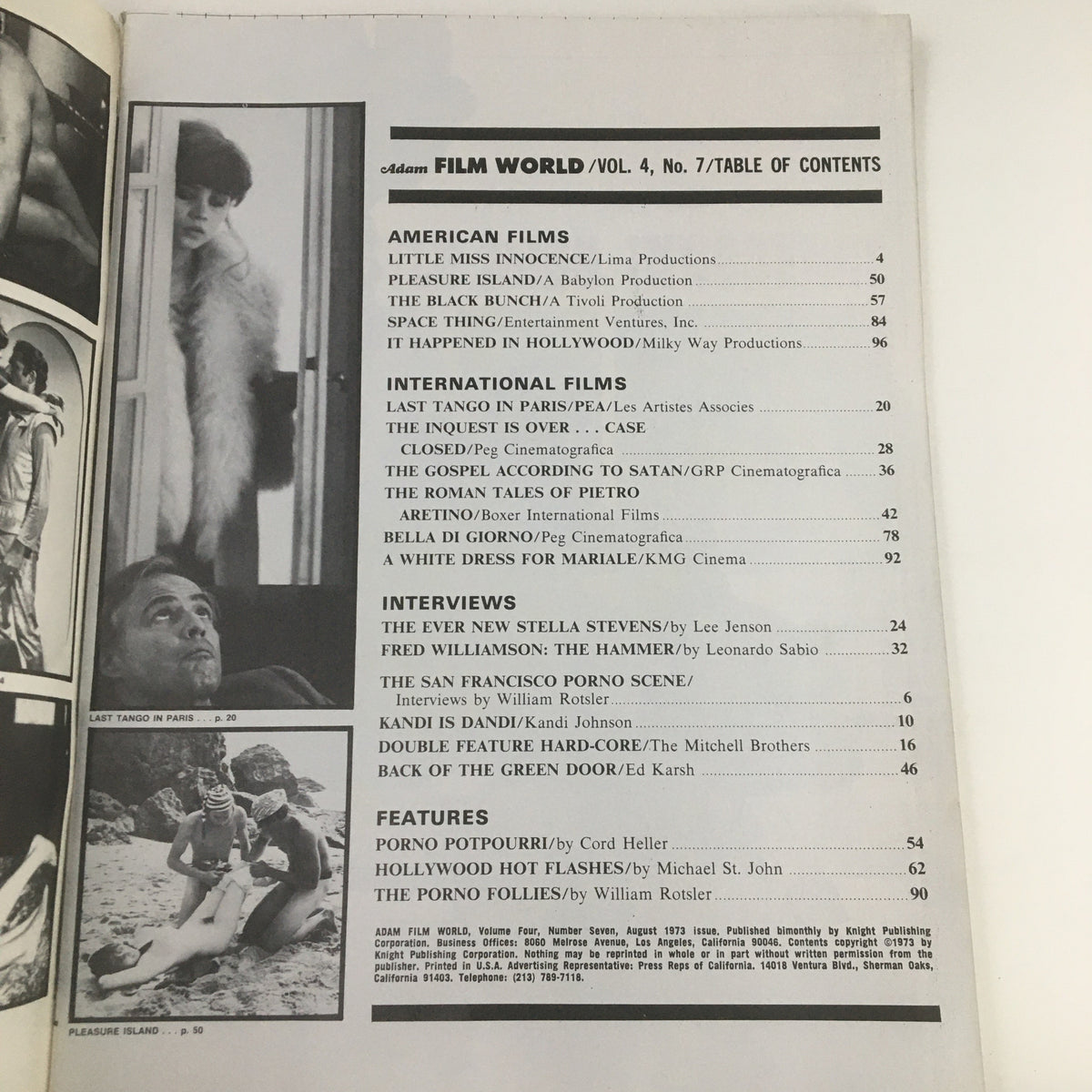 Table of contents from Adam Film World Magazine August 1973, featuring listings for American and International films, interviews, and articles related to the cinematic landscape of the 1970s.