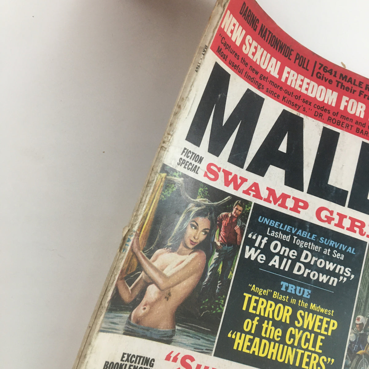 Close-up shot of Male Magazine Fiction Special May 1969 cover highlighting 'Terror Sweep of Cycle Headhunter' and 'Swamp Girl'. The image reveals detailed graphics and classic design elements.