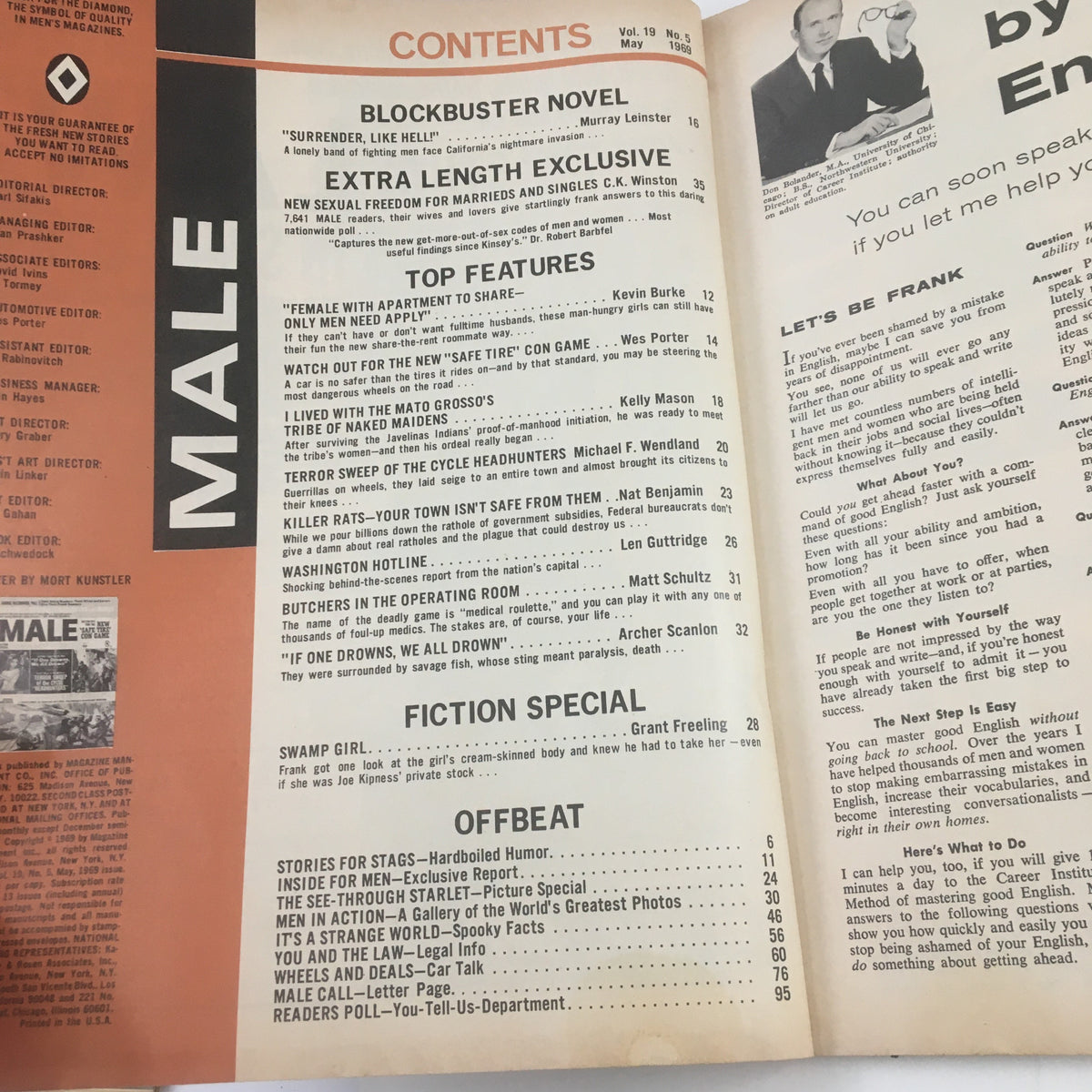 Contents page of Male Magazine Fiction Special May 1969, listing featured articles and stories including the fictional piece 'Terror Sweep of Cycle Headhunter.'
