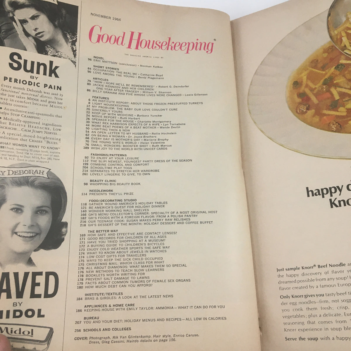 Interior page of Good Housekeeping Magazine November 1964 displaying the magazine's contents listing articles, beauty tips, and features.