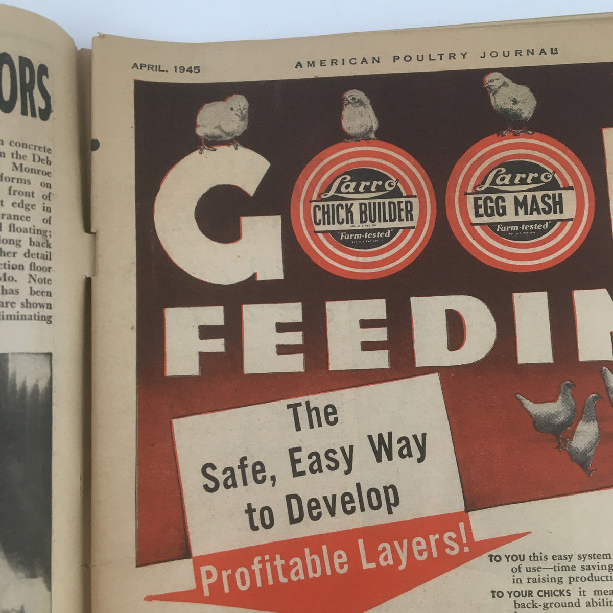 Interior page of the American Poultry Journal April 1945, displaying an advertisement for Larro Chick Builder and Egg Mash with images of chicks, relevant to poultry care.