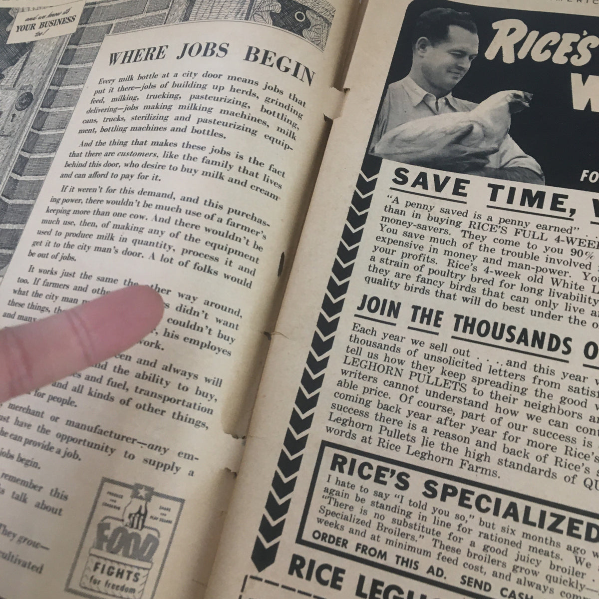 Interior page of American Poultry Journal April 1945, featuring a text article with a finger pointing to details about poultry jobs and the industry, adding to the historical context.