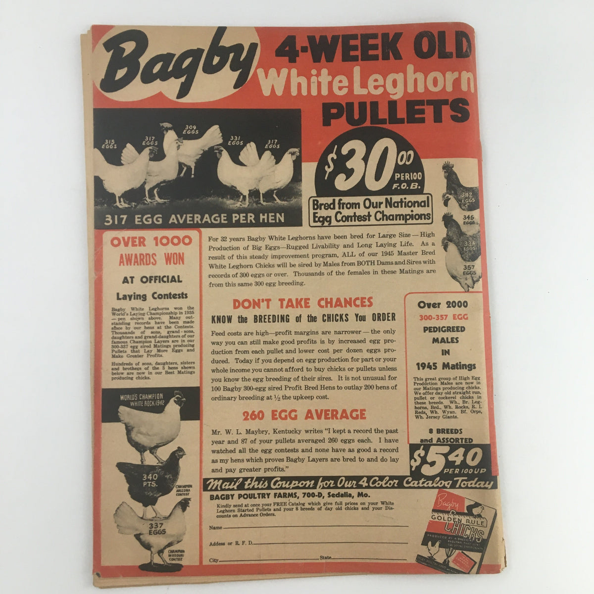 Vintage advertisement from the April 1945 American Poultry Journal featuring Bagby 4-Week Old White Leghorn Pullets. Highlights include egg production statistics and breeding information, showcasing the magazine's historical significance in the poultry industry.