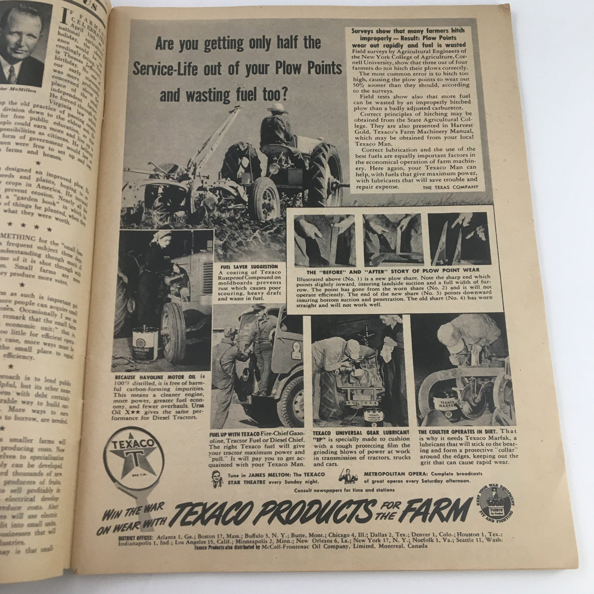 Farm Journal and Farmer's Wife April 1945 page advertisement discussing service life of plow points and fuel efficiency, featuring tractors in agricultural settings.