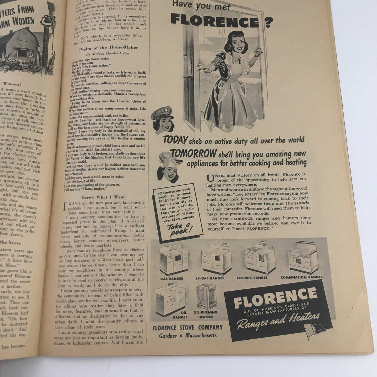 Farm Journal and Farmer's Wife April 1945 page introducing Florence, a fictional character promoting new appliances for cooking and heating.