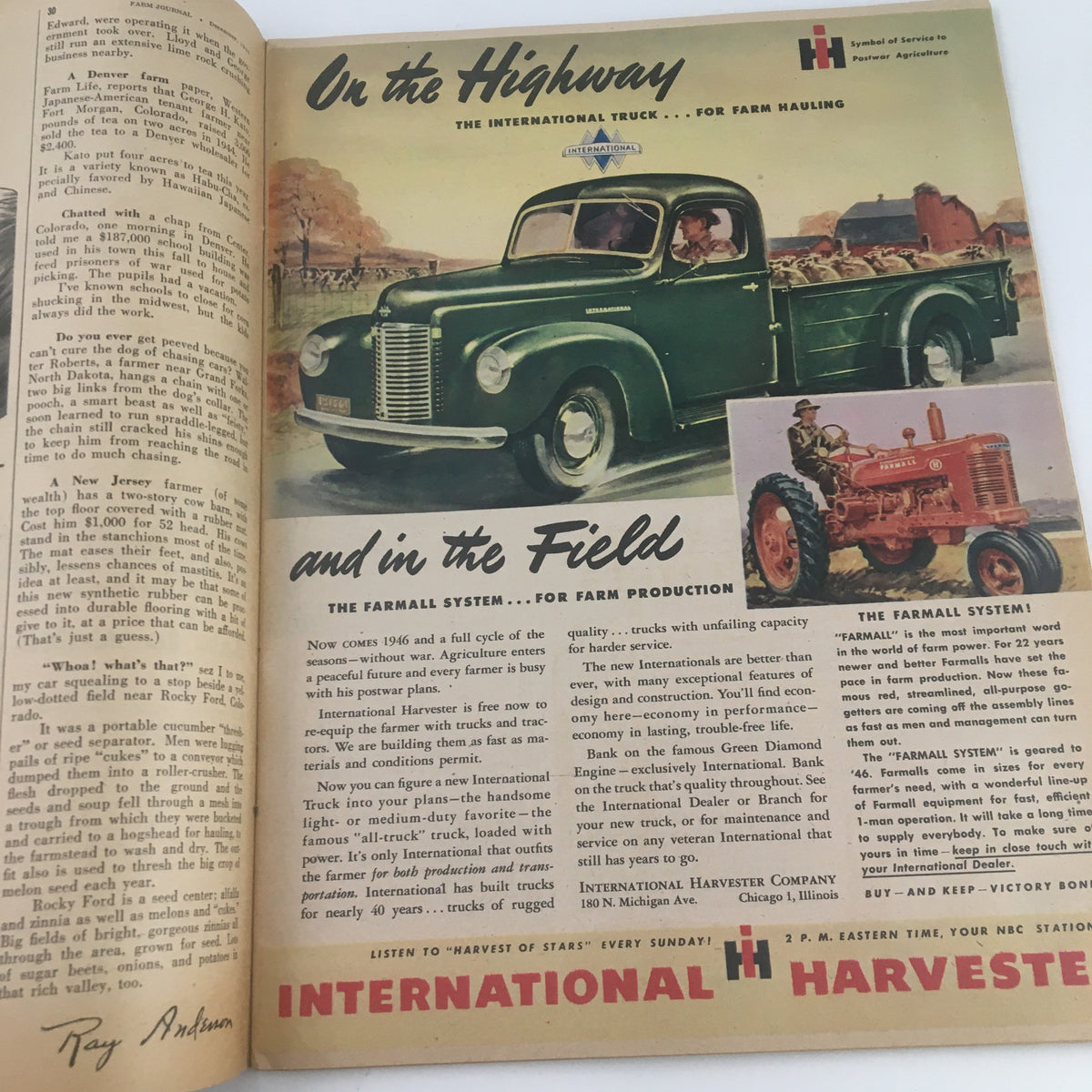 Farm Journal Magazine December 1945 depicting an advertisement for International Harvester trucks, highlighting their utility for farm production and emphasizing the Farmall system.
