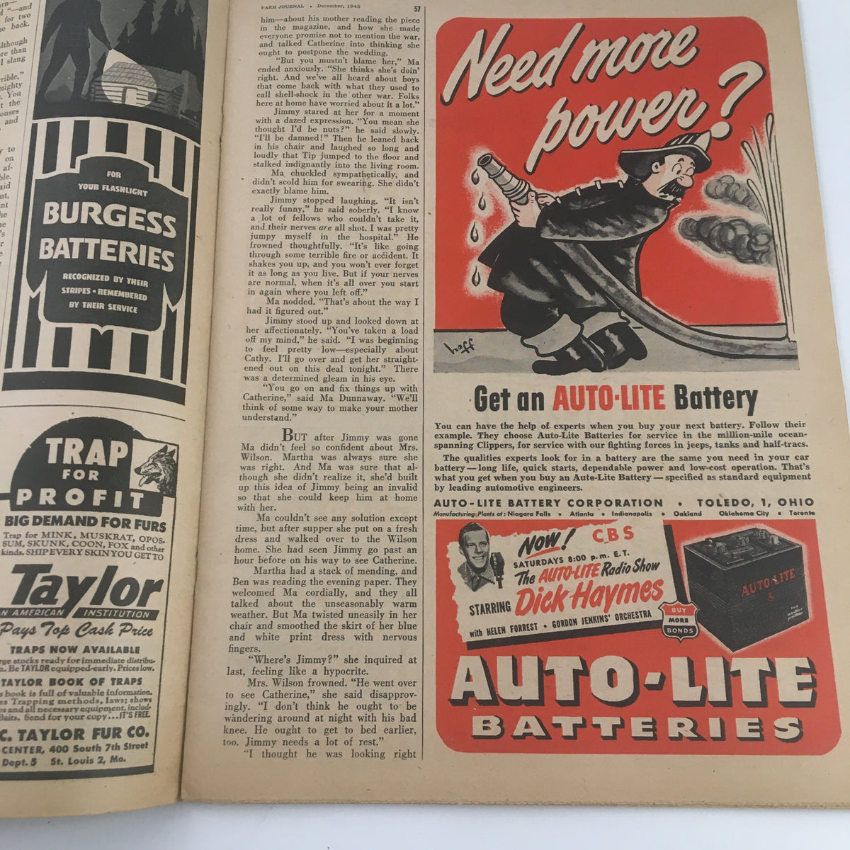Farm Journal Magazine December 1945 illustrating an advertisement for Auto-Lite batteries, emphasizing reliability and performance for farm equipment.