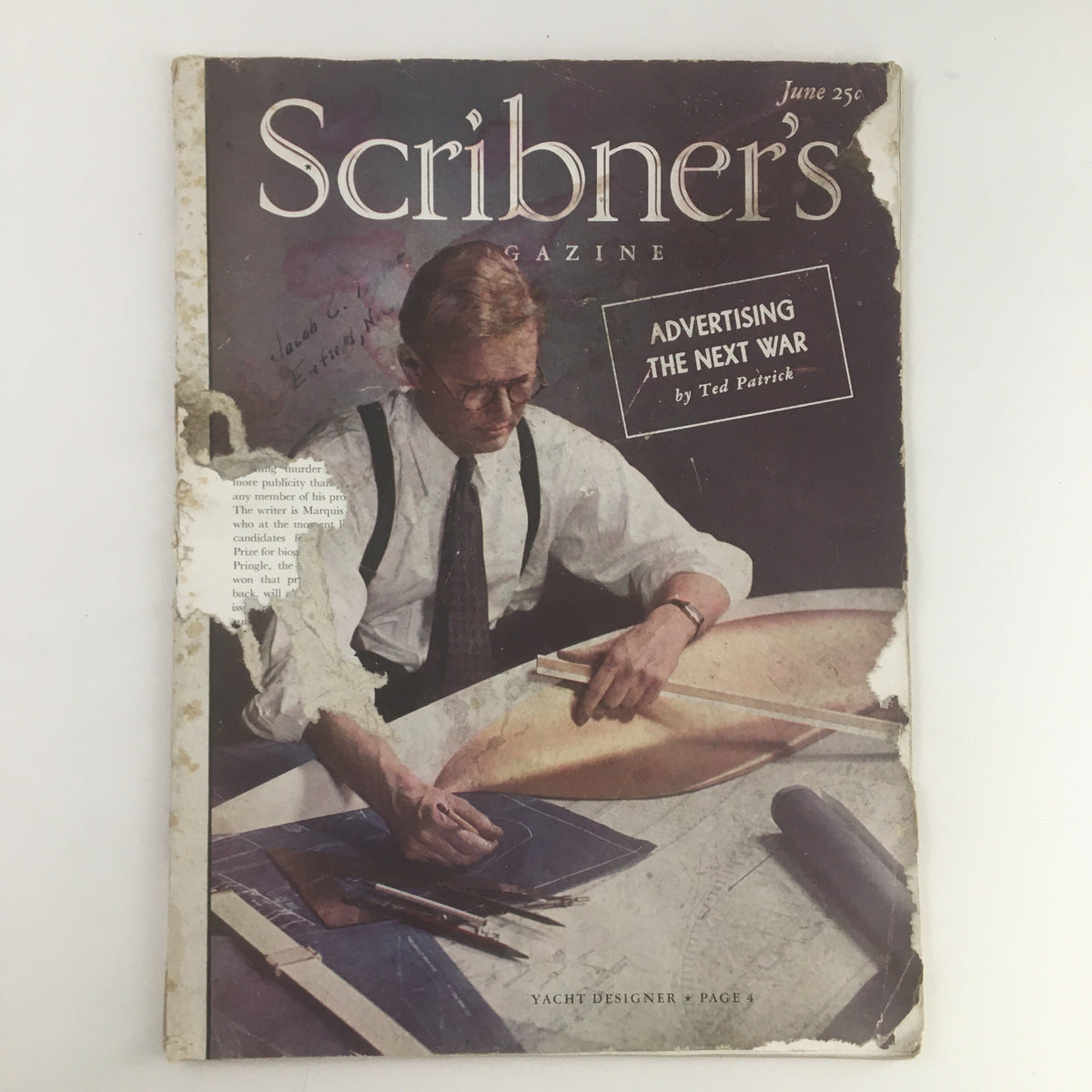 Cover of Scribner's Magazine June 1938 featuring a man working on yacht design, with the theme 'Advertising the Next War' highlighted, showcasing vintage magazine aesthetics.