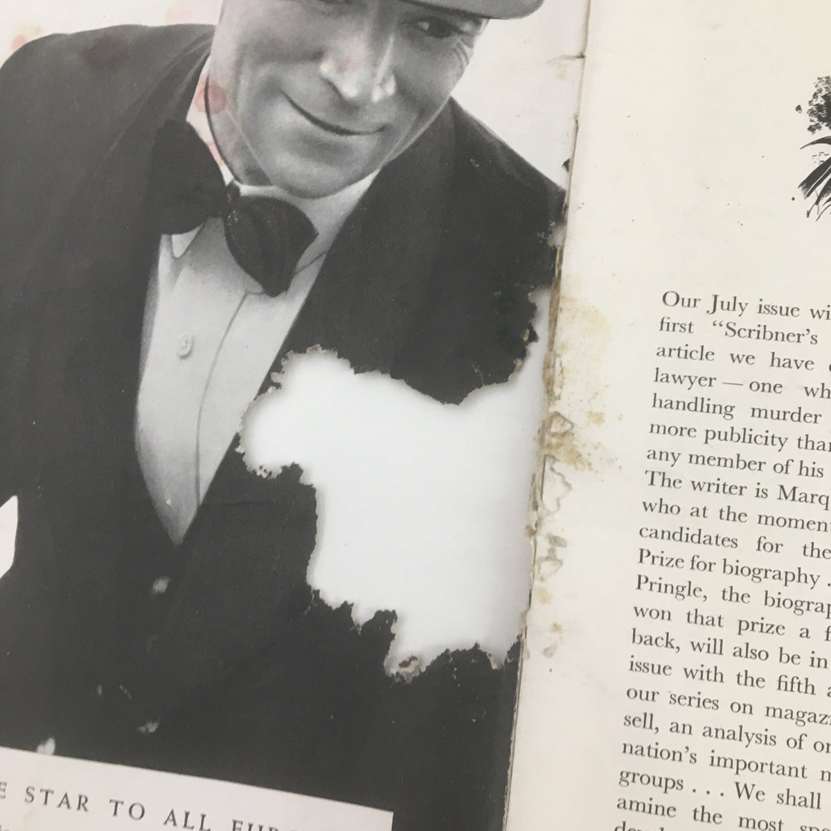 A photograph from the interior of Scribner's Magazine June 1938 depicting a man in a tuxedo, reflecting the era's visual culture. The page shows some wear and historical character.