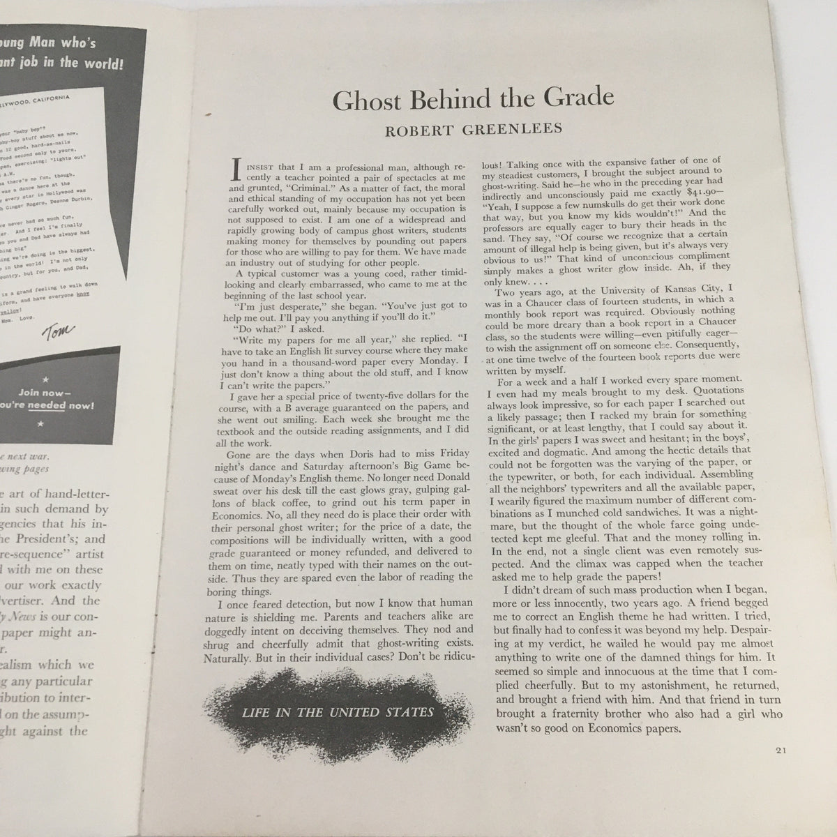 Page from Scribner's Magazine June 1938 Vol. 103 No. 6 featuring the article 'Ghost Behind the Grade' by Robert Greenlees, discussing the challenges of academic writing and the educational system.