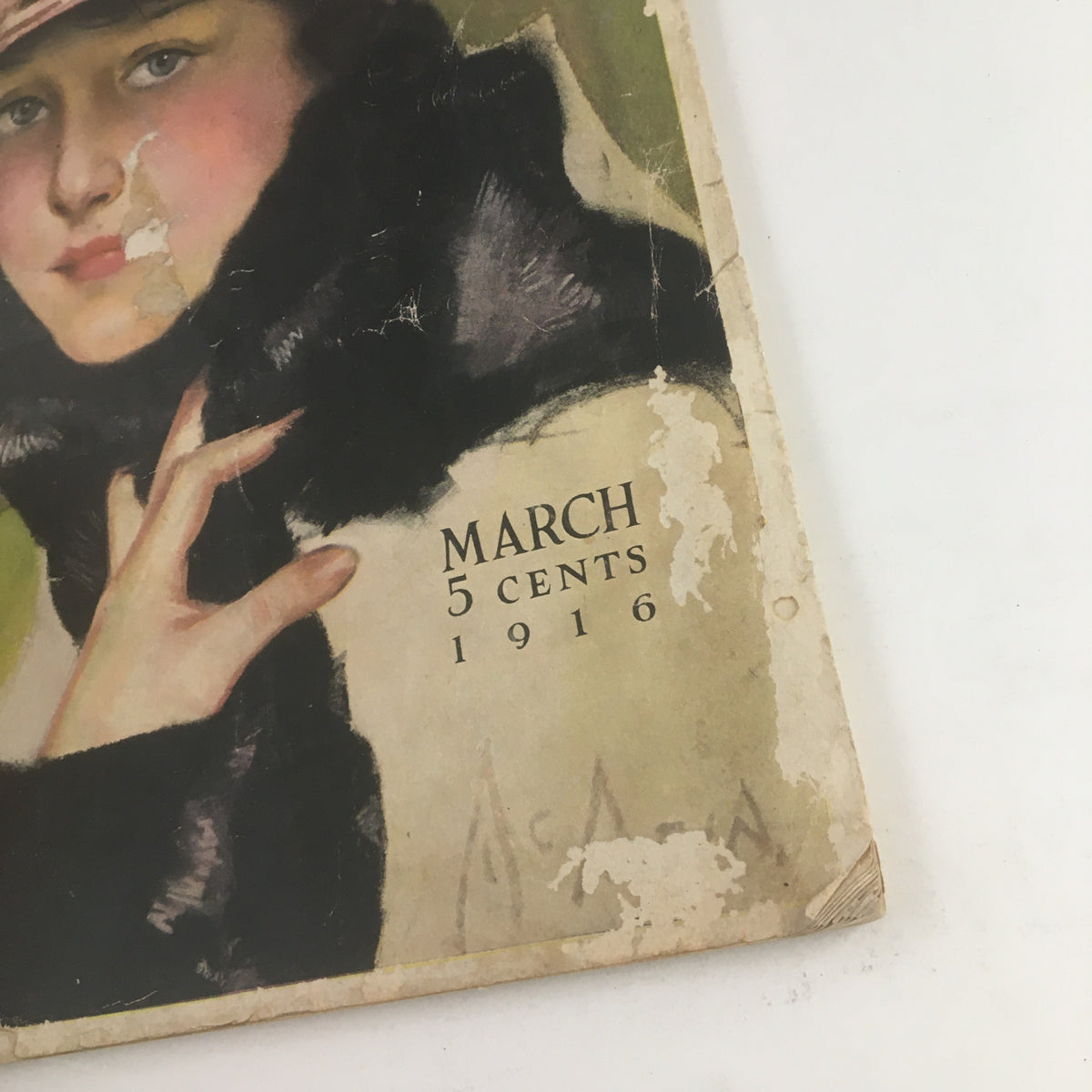Detail of the publication date and pricing on the cover of VTG McCall's Magazine March 1916, emphasizing its historical significance.