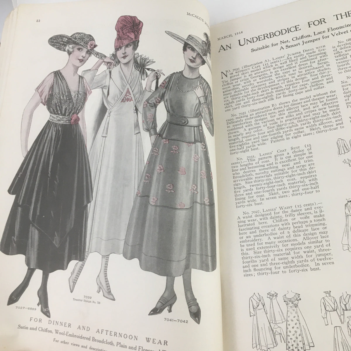 Fashion illustration from McCall's Magazine March 1916 featuring elegant dresses suitable for dinner and afternoon wear, illustrating early 20th-century women's fashion.