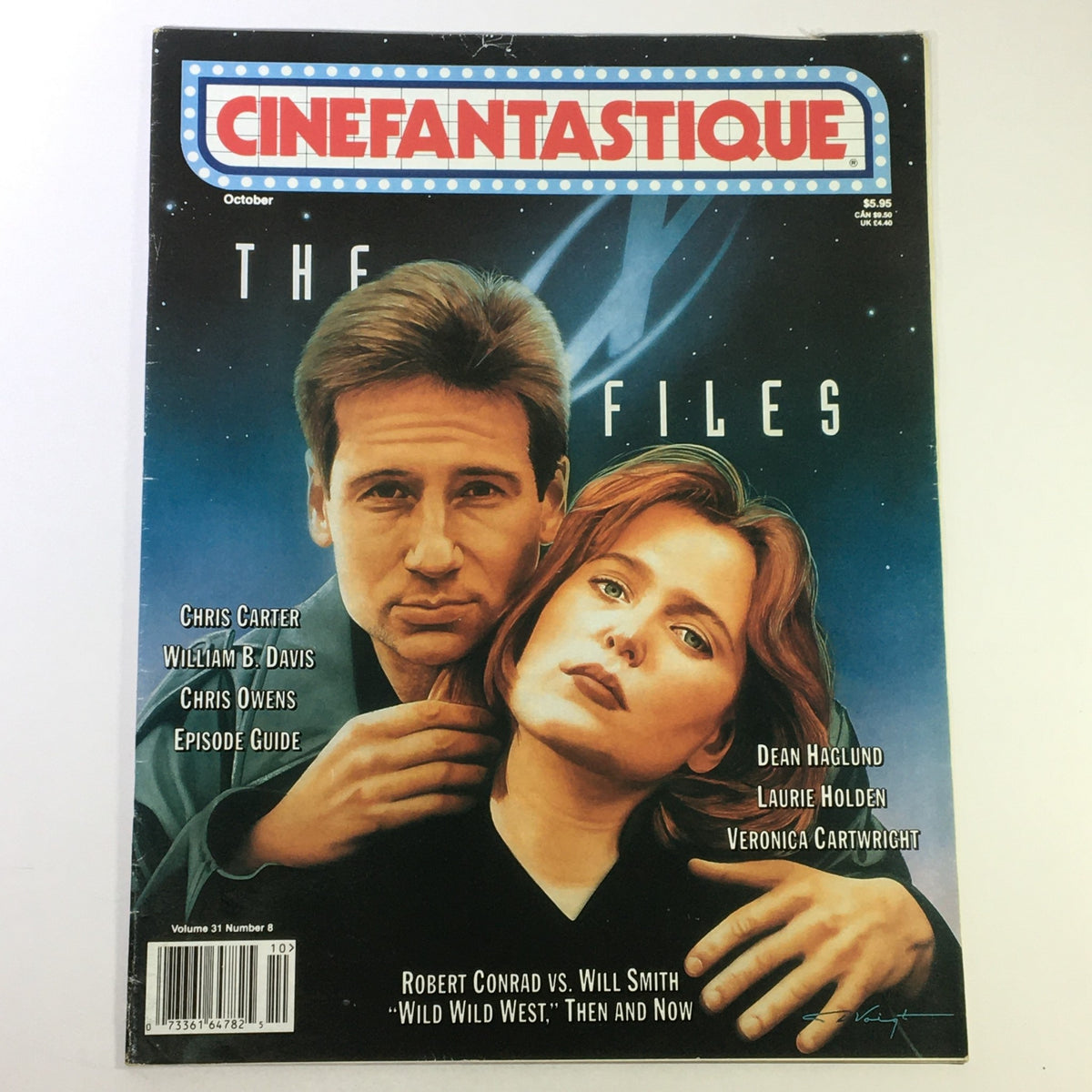 Cinefantastique October 1999 Vol 31 #8 cover featuring Chris Carter and William B. Davis, with a focus on the popular series 'The X-Files' and images of the lead characters. The magazine is presented in a newsstand condition, showcasing minor wear and protective covering.