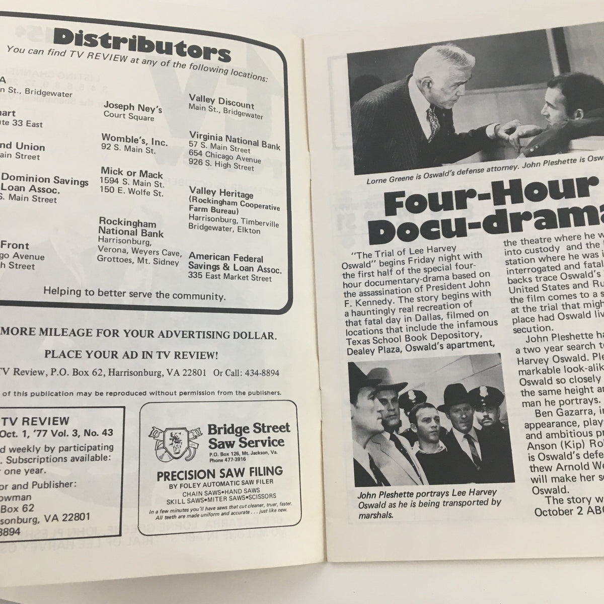 Inside spread of the TV Review Catalog from September 25, 1977, showing a listing with Lorne Greene and John Pleshette discussing the show 'Trial of Lee Harvey Oswald'.