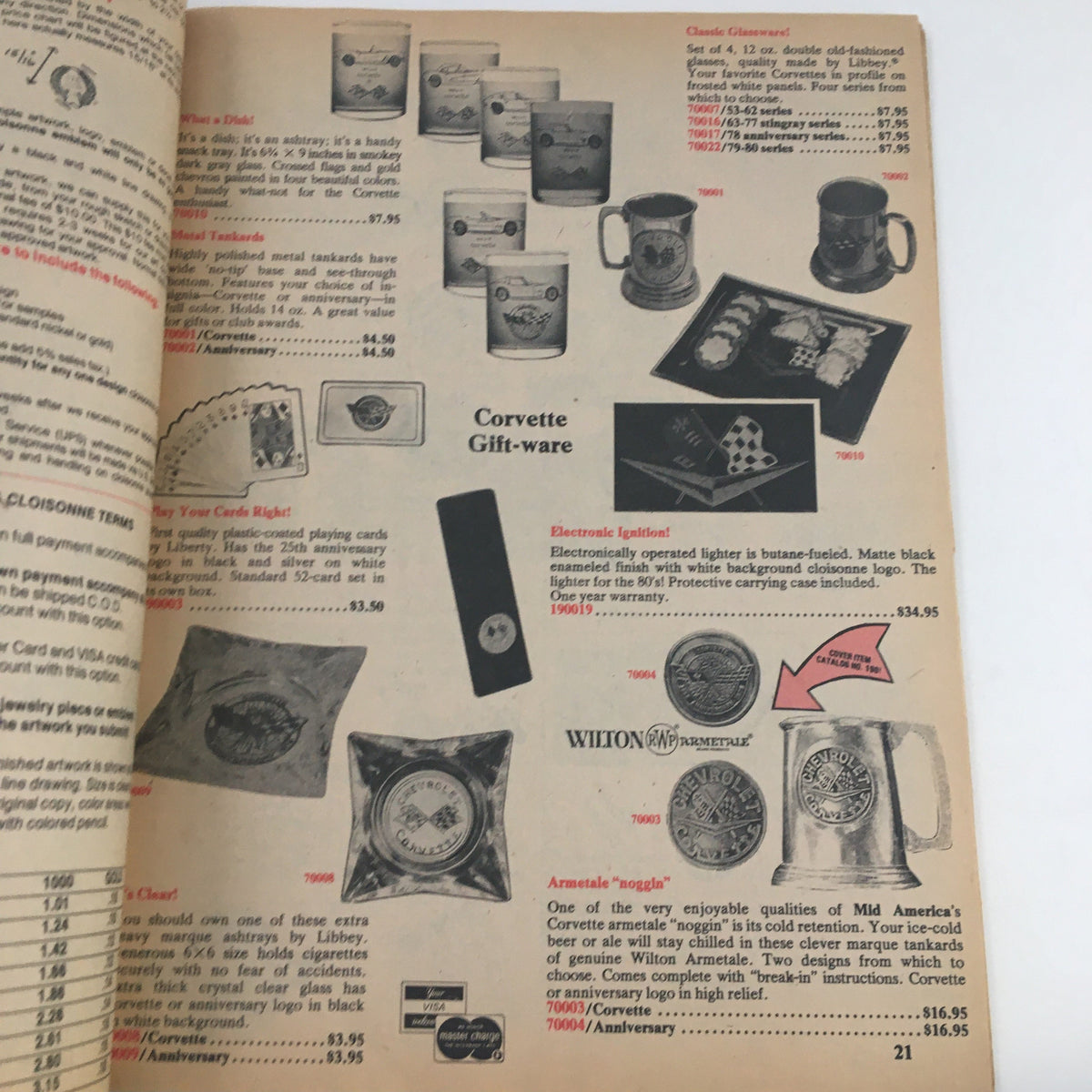 Mid America Corvette Supplies Catalog illustrating Corvette giftware items with descriptions and prices on page 21.