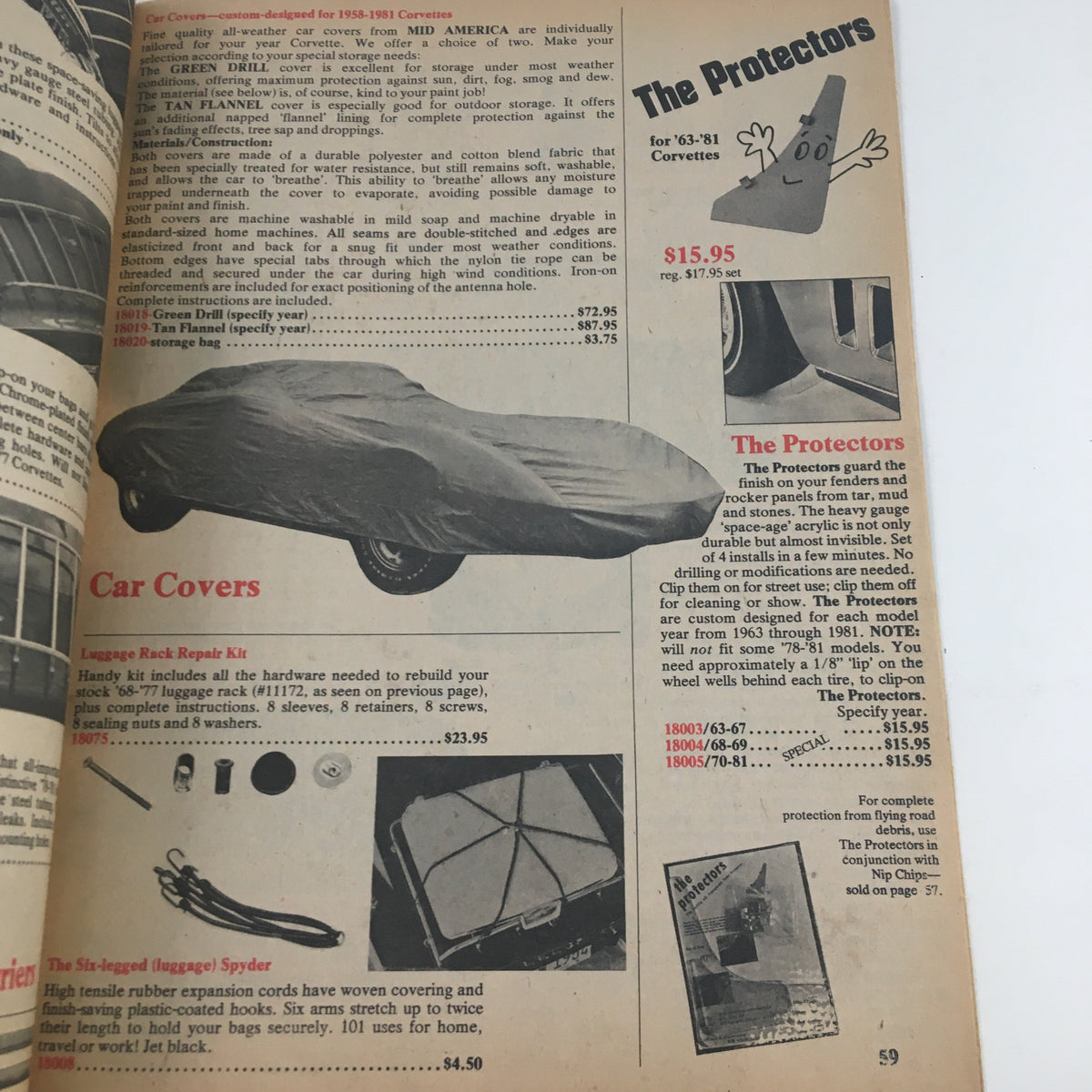 Mid America Corvette Supplies Catalog showcasing car covers and related products with specifications and pricing on page 59.